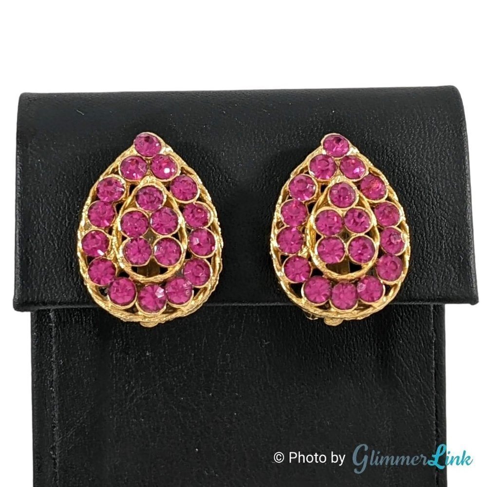 Vintage Pink Purple Pave Teardrop Gold Tone Clip On Earrings
